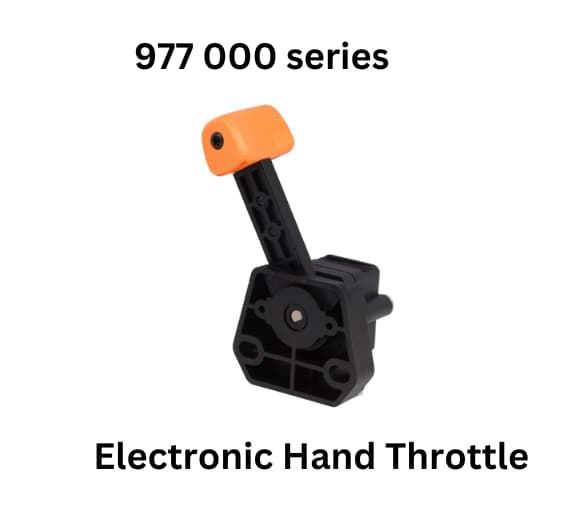 Black and orange 9700 series electronic hand throttle by MCS ( Mobile Control System SA ), showcasing its sleek design and functionality